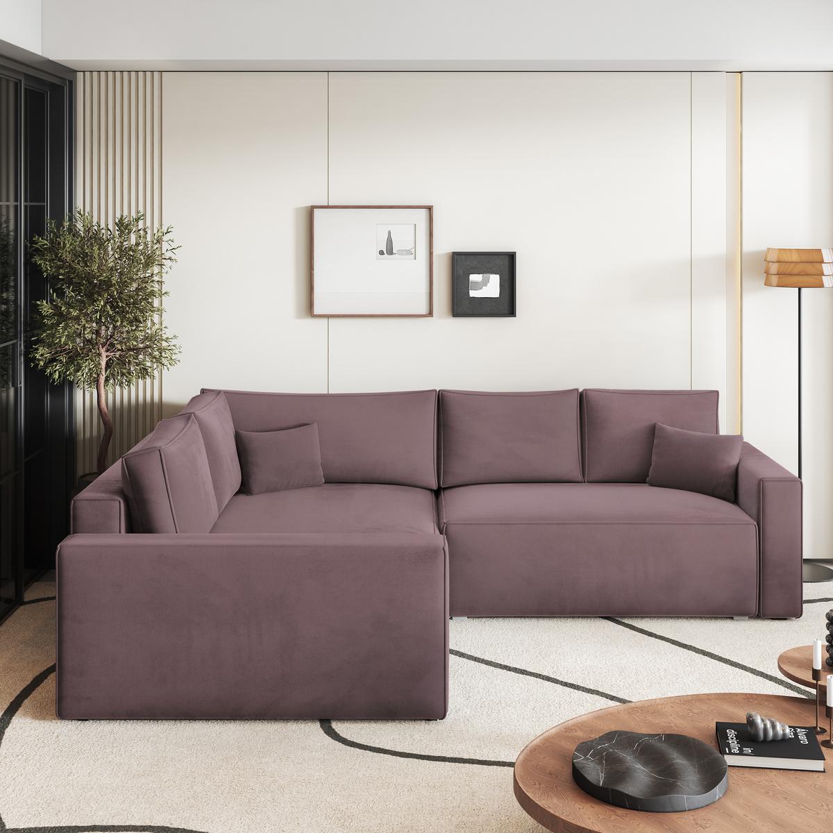ECKSOFA ERONIS L-S Lila Velours-Stoff mit Schlaffunktion - Lila, Holz (265/194cm) - MASSENO