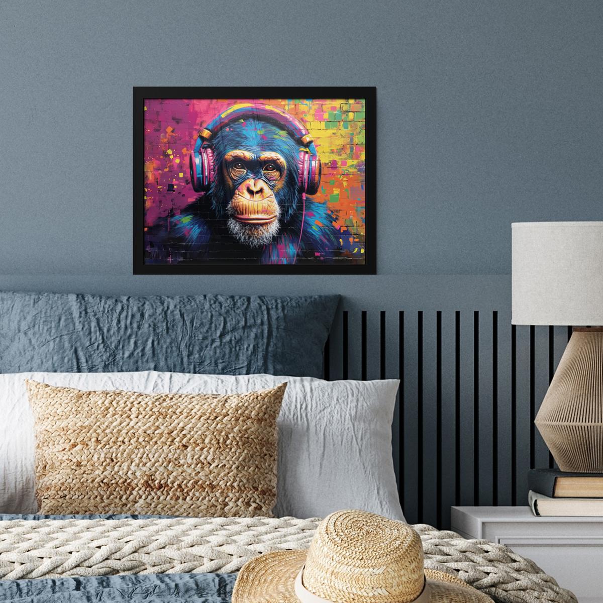 POSTER MIT RAHMENGERAHMTES BILD Graffiti - Schimpanse - Straßenkunst - Kopfhörer - Affe 40x30 cm - Blau, Papier (40/30cm) - MuchoWow