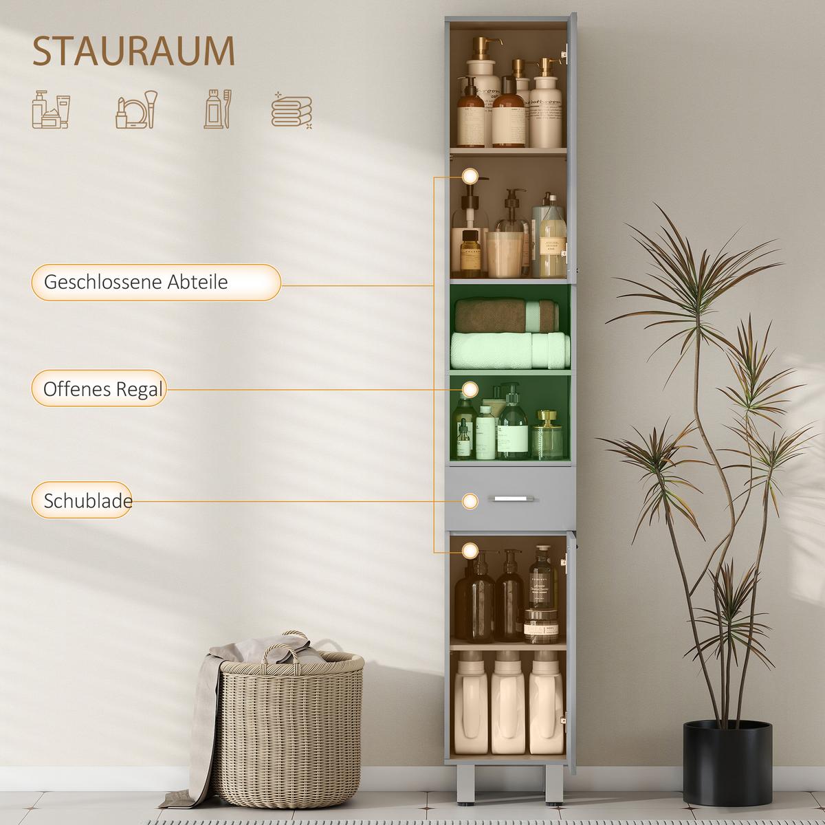 BADEZIMMERSCHRANK Spanplatte Grau - Alufarben/Grau, Holzwerkstoff/Kunststoff (30/180/30cm) - Kleankin