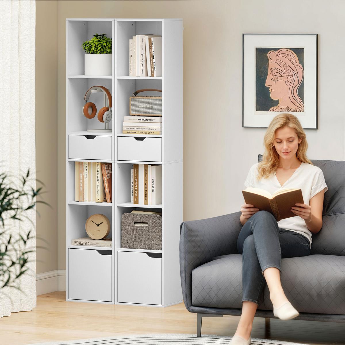BÜCHERREGAL mit 6 Ebenen 3-stufig verstellbar mit Schublade Schranktür Weiß - Weiß, Holzwerkstoff (24/158/30cm) - HOMCOM