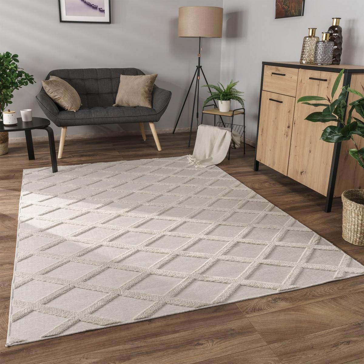 KURZFLORTEPPICH Waschbar, mit Rautenmuster, Creme, 120 x 160 cm - Beige, Textil (160/120cm) - KADIMA DESIGN