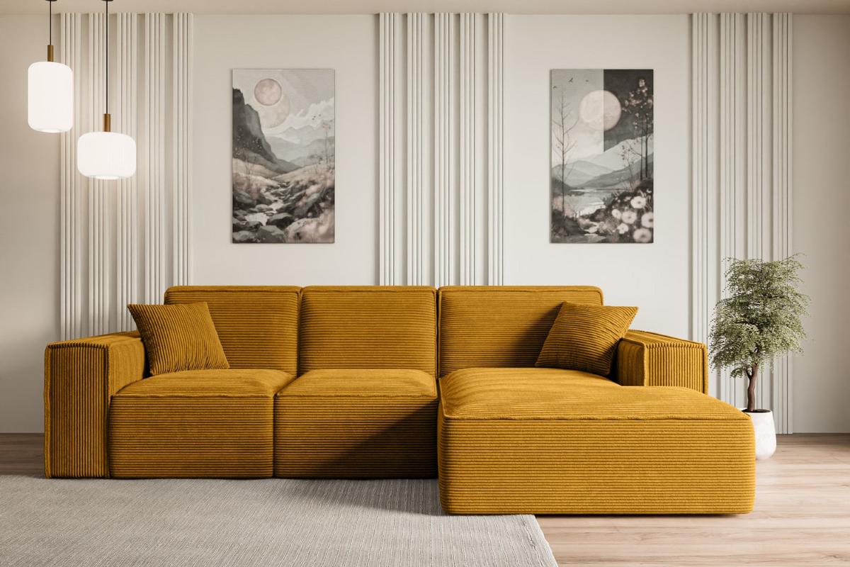 ECKSOFA Ottomane Rechts SERRA-L - 266x169x80 cm Senfgelb Cord - Gelb/Schwarz, Holzwerkstoff/Kunststoff (266/169cm) - ALTDECOR