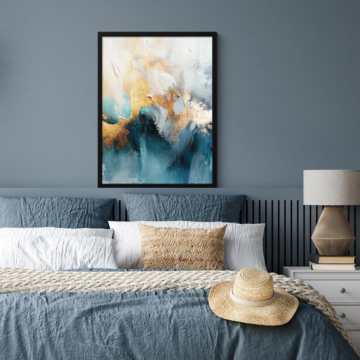 POSTER MIT RAHMEN Abstrakt - Kunst - Gold - Blau Posterleiste 60x80 cm - Petrol, Papier (60/80cm) - MuchoWow