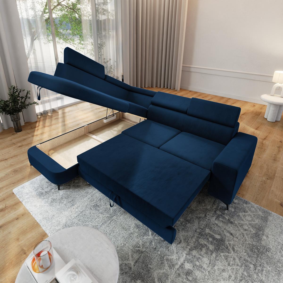ECKSOFA ALVORO L-S Blau Velours-Stoff mit Schlaffunktion - Blau, Holz (253/190cm) - MASSENO