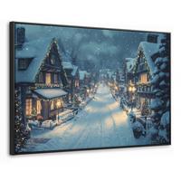 LEINWAND Bilder mit Rahmen - Weihnachtsdorf - Weihnachten - Schnee - Winter - 90x60 - Dunkelblau, Textil (90/60cm) - MuchoWow