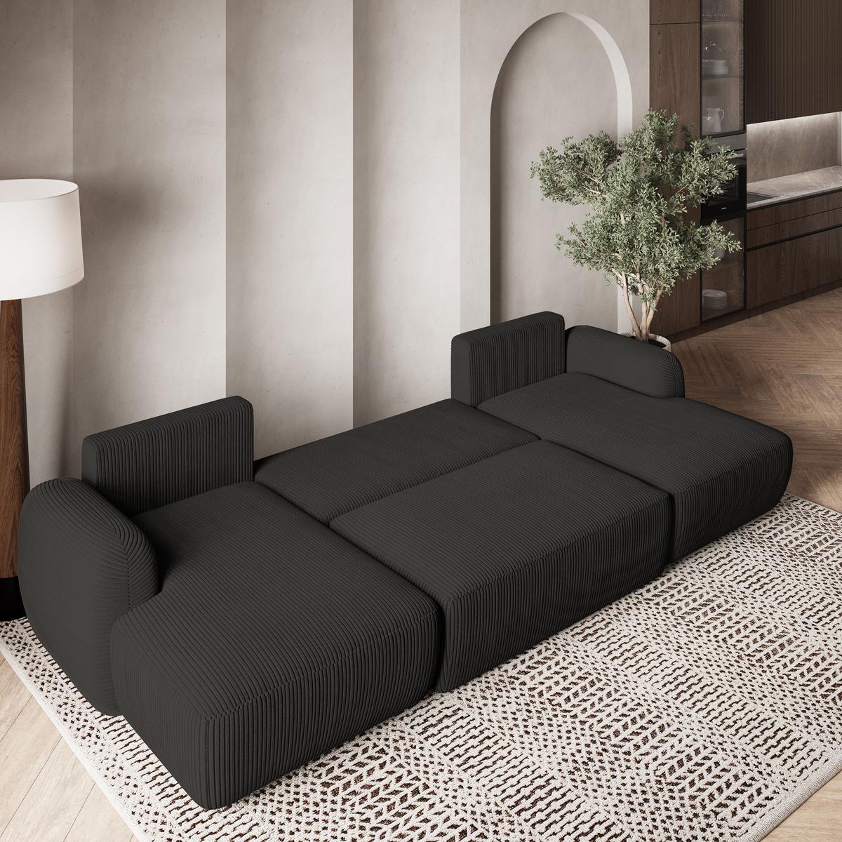 WOHNLANDSCHAFT SAVONA P Schwarz Kordstoff mit Schlaffunktion - Schwarz, Holz/Kunststoff (320/90/148cm) - MASSENO