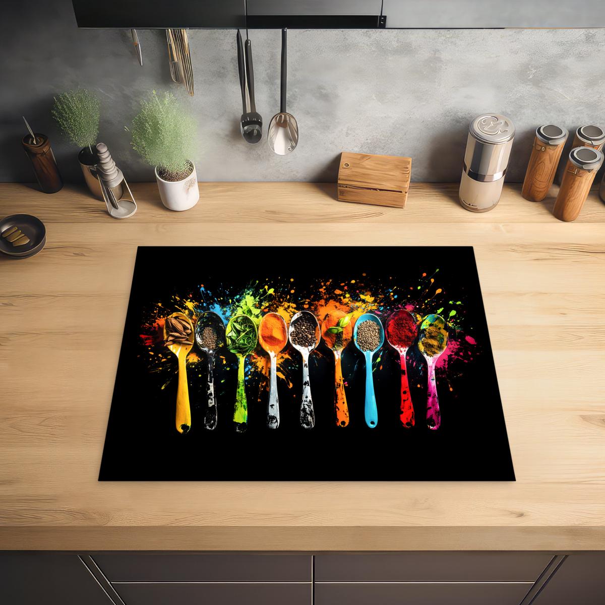 HERDABDECKPLATTE Löffel - Gewürze - Modern - Graffiti - Farbe - Farbenfroh Herdabdeckung Induktionsfeld 65x52 cm - Multicolor, Kunststoff (65/52/0.2cm) - MuchoWow