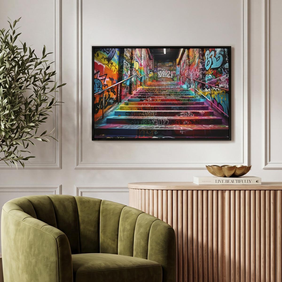 LEINWAND Bilder mit Rahmen - Treppe - Graffiti - Farben - Kunst - 60x40 - Multicolor, Textil (60/40cm) - MuchoWow