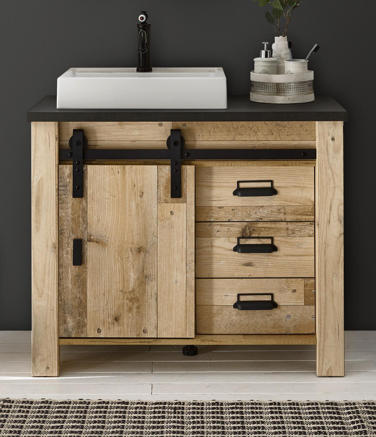 WASCHBECKENUNTERSCHRANK Used Wood Anthrazit, Waschtisch 95 cm inkl. Waschbecken, Soft-Close - Eichefarben/Anthrazit, Holzwerkstoff/Metall (95/81/43cm) - Furn.Design