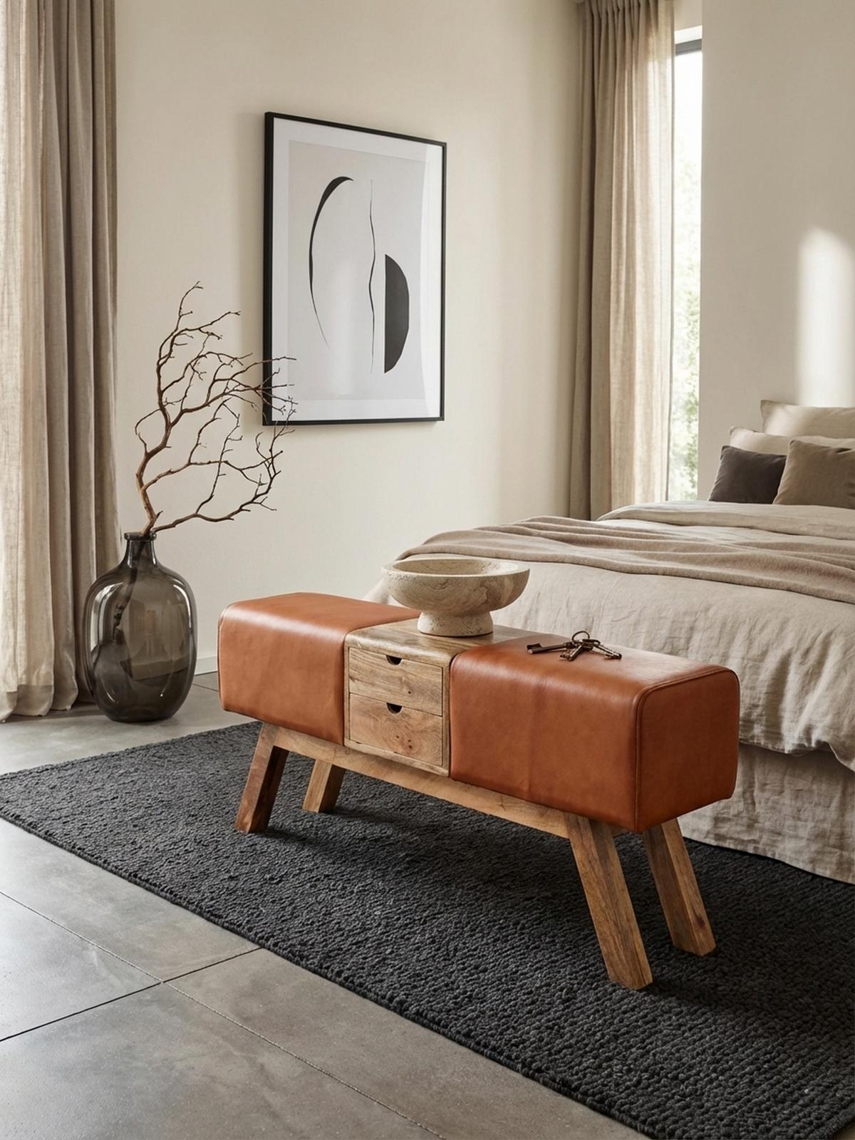 SITZBANK Massivholz Stoffbezug mit 2 Schubladen, Braun 120x30x56 cm - Braun, Mangoholz/Leder (120/56/30cm) - KADIMA DESIGN