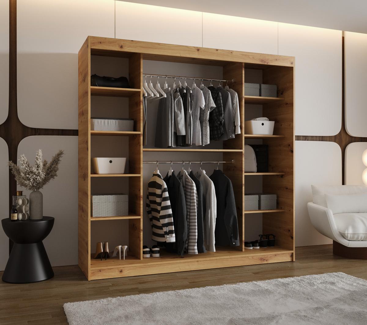 SCHIEBETÜRENSCHRANK mit Spiegel LUCY 200/200/62 2-türig - Silberfarben/Eiche Artisan, Holz (200/200/62cm) - MÖBEL KRYSPOL