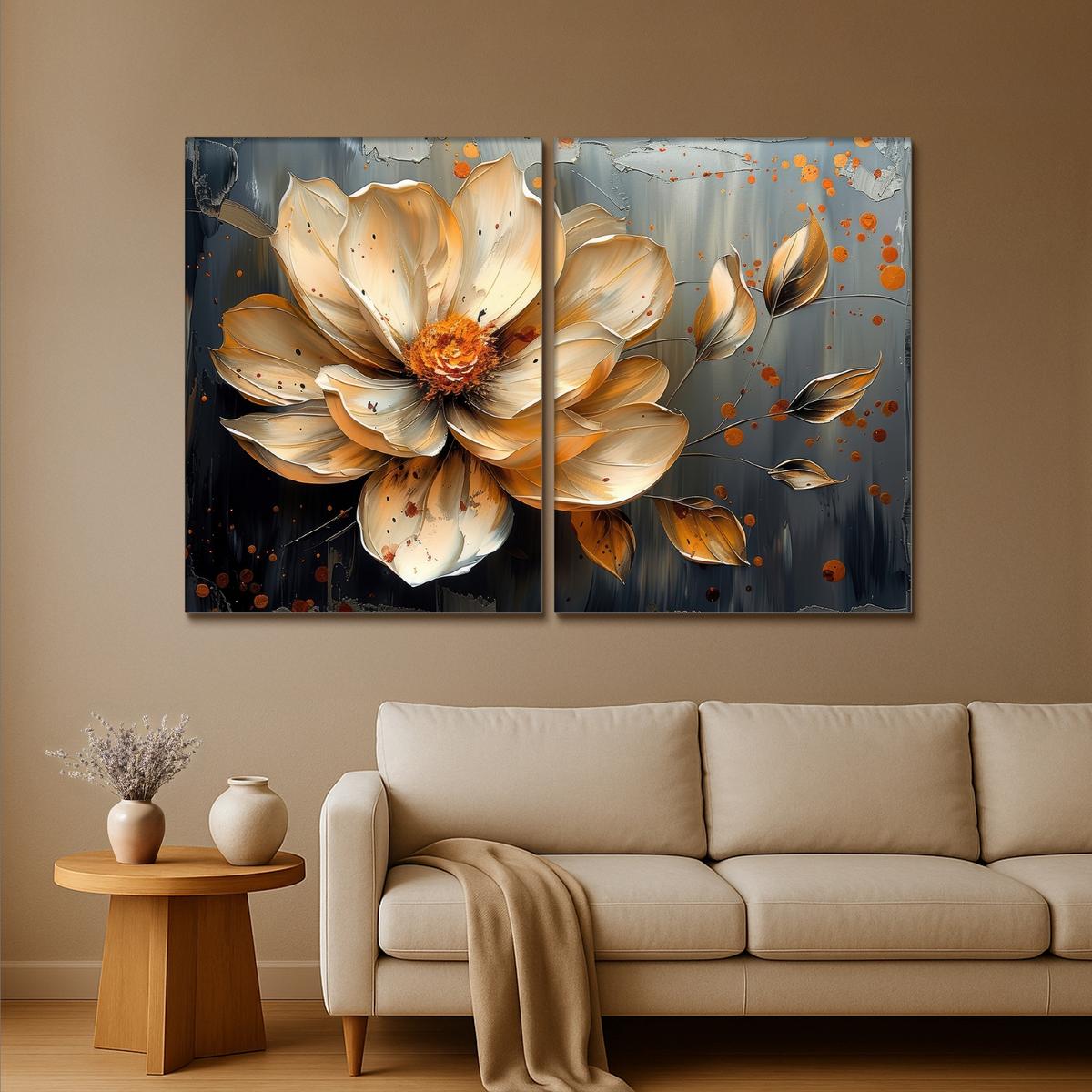 LEINWANDBILD 2er Set Blume - Gold - Abstrakt - Farbe 180x120 cm - Creme, Textil (180/120cm) - MuchoWow