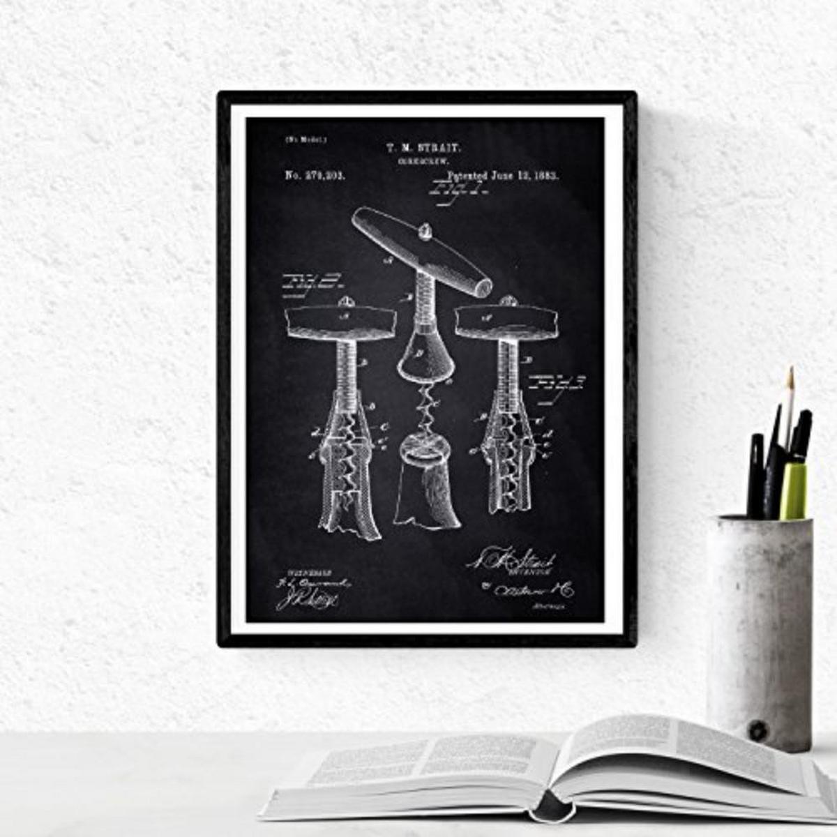 POSTER Set mit 4 Schwarz Patenten Wein A4 Schwarzer Rahmen - Schwarz, Papier (29.7/3cm) - Nacnic