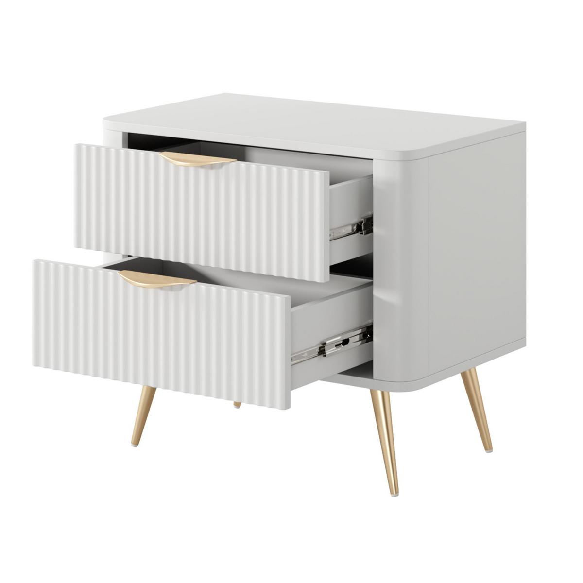 NACHTTISCH Vespasia 2S Beige 63,2/55,3/38 cm – Geriffelte Fronten - Goldfarben/Weiß, Holzwerkstoff/Metall (63.2/55.3/38cm) - AX Living