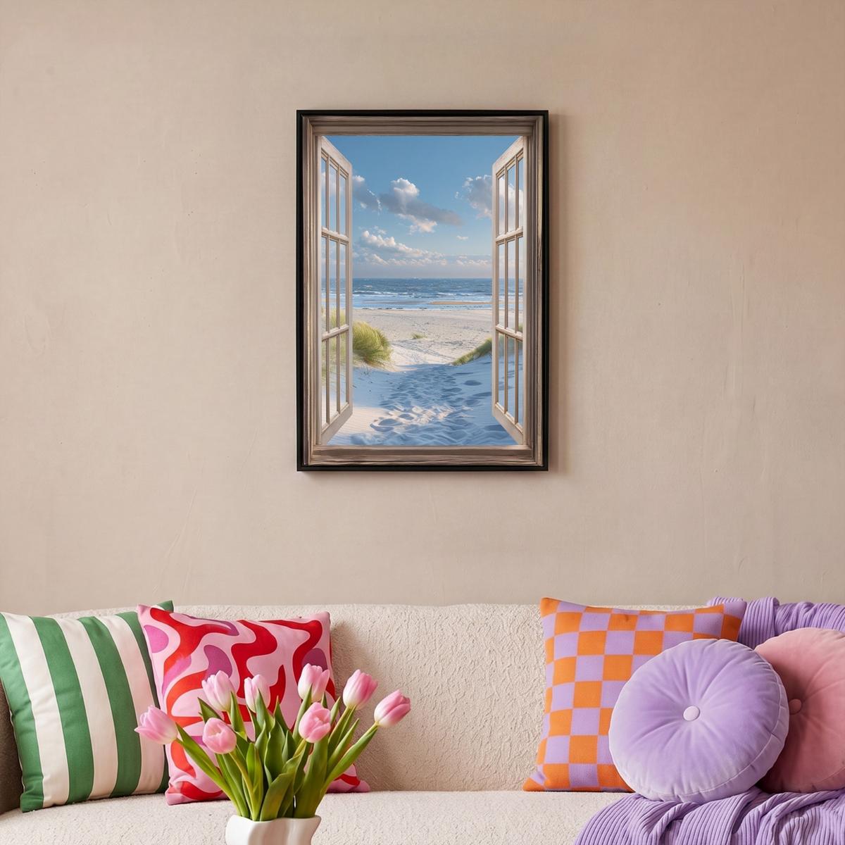LEINWAND Bilder mit Rahmen - Aussicht - Strand - Fenster - Dünen - Meer - 40x60 - Hellblau, Textil (40/60cm) - MuchoWow