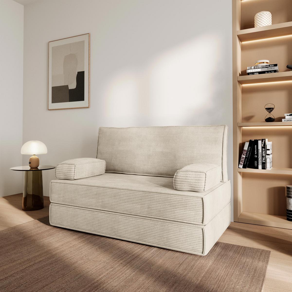 BETTSOFA LADIA aus Schaumstoff Kordstoff Creme Schlaffunktion - Creme, Textil (140/86/60cm) - MASSENO