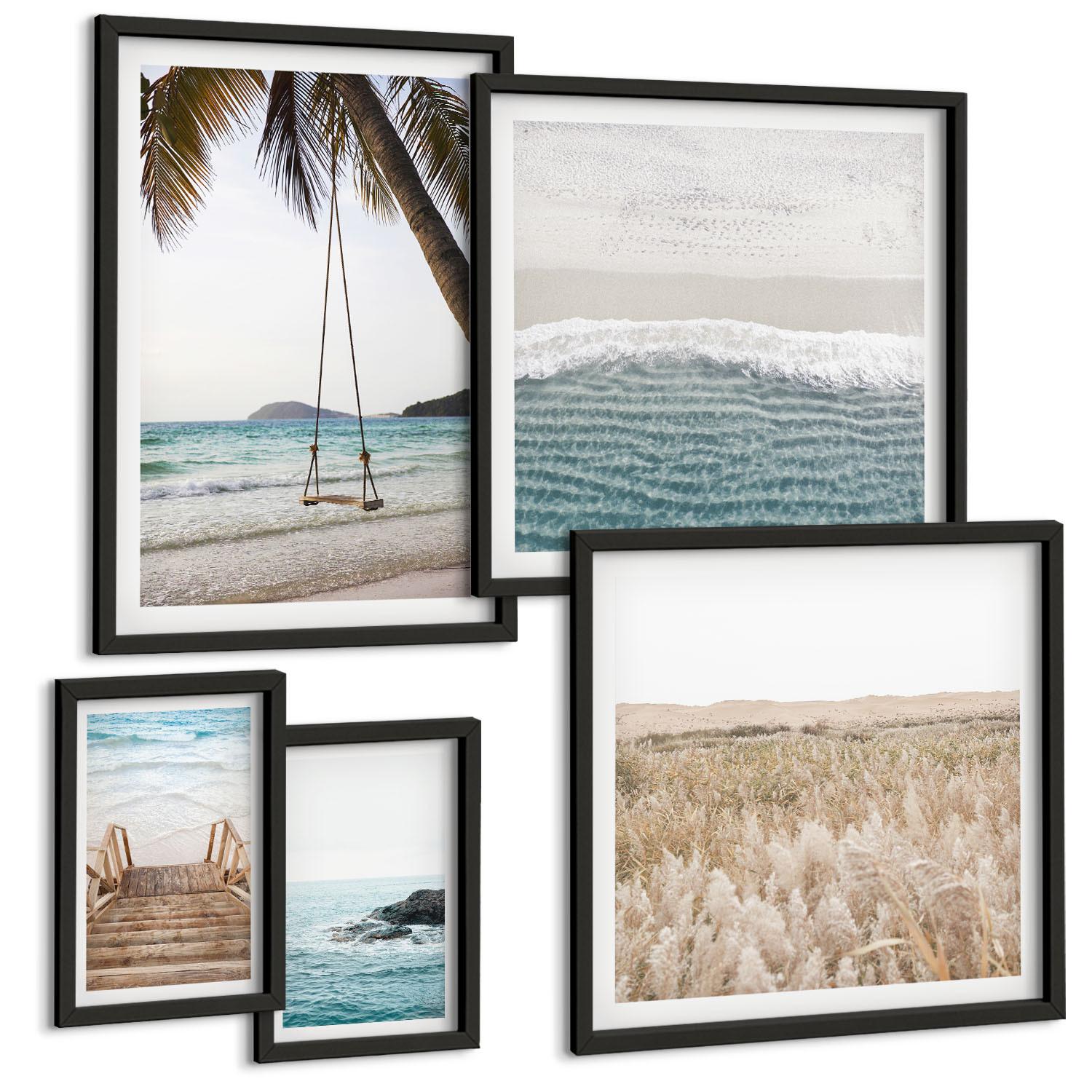 BILDER SET 5er Set - 50x50 cm & 20x30 cm & 40x60 cm Schwarzer Rahmen - Treppe, Strand, Meerblick, Schaukel - Schwarz, Kunststoff (40/60cm) - TULUP