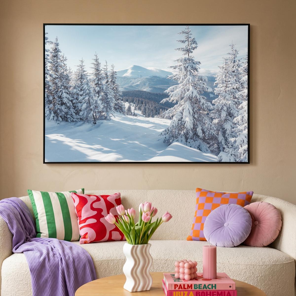 LEINWAND Bilder mit Rahmen - Winterlandschaft - Natur - Berge - Bäume - Schnee - 140x90 - Hellblau, Textil (140/90cm) - MuchoWow