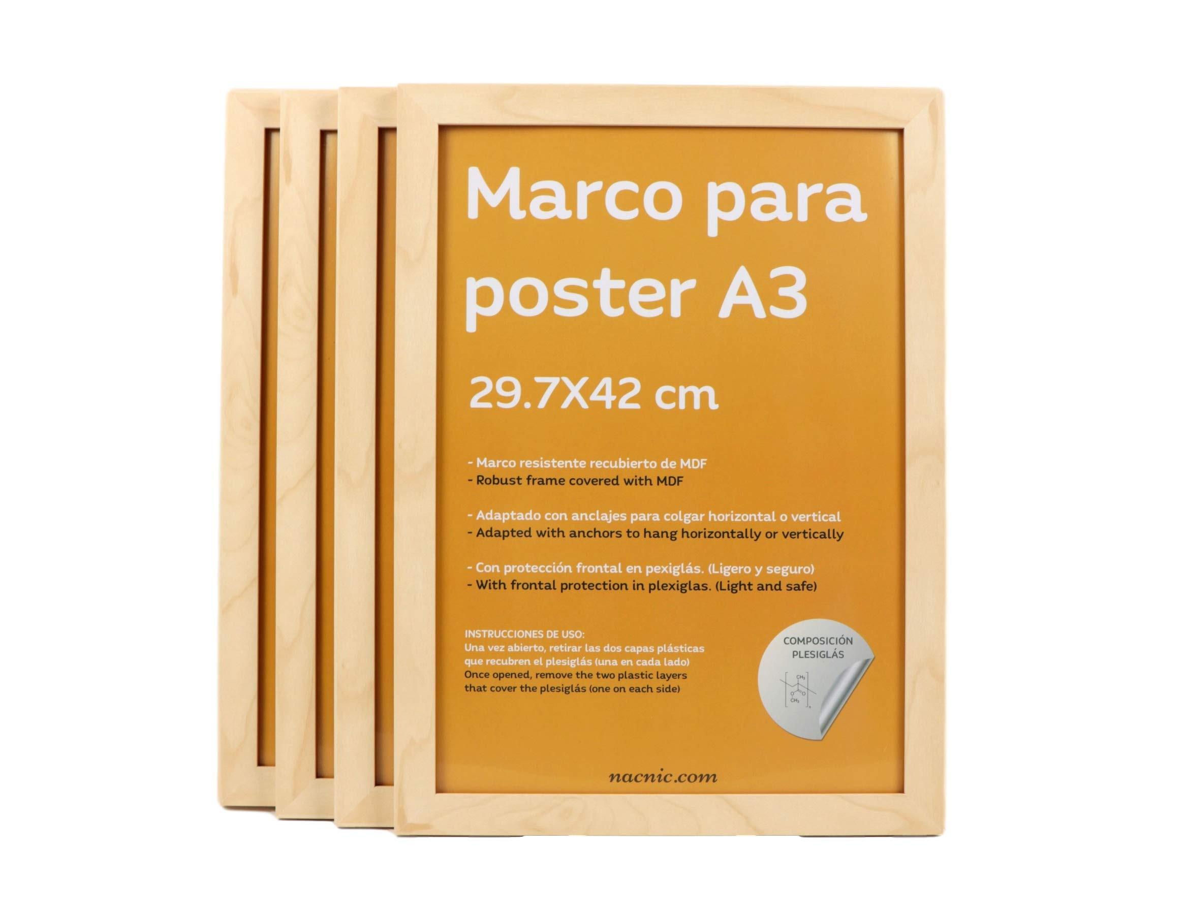 RAHMEN Set mit 4 aus MDF und Acrylglas Schutz und Aussteller für Fotografien, Bilder, Poster, Gemälde, Dekoration für Haus Farbe Hellholz A3 - Beige, Holz (29.7/3cm) - Nacnic