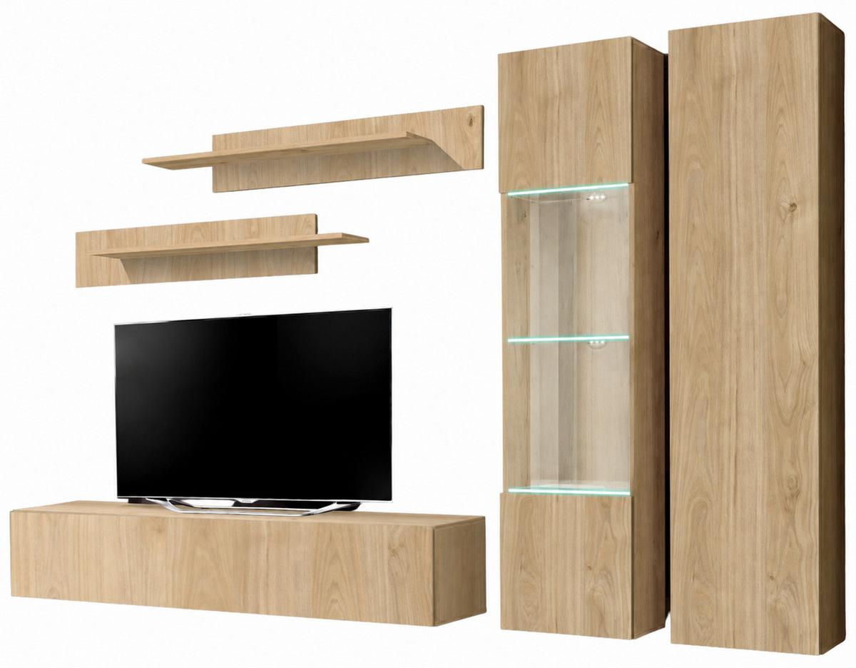 WOHNWAND Eiche Jackson 260 cm 5-teilig hängend, Anbauwand mit LED-Beleuchtung - Eichefarben, Glas/Holzwerkstoff (260/170/40cm) - Inn.Furn