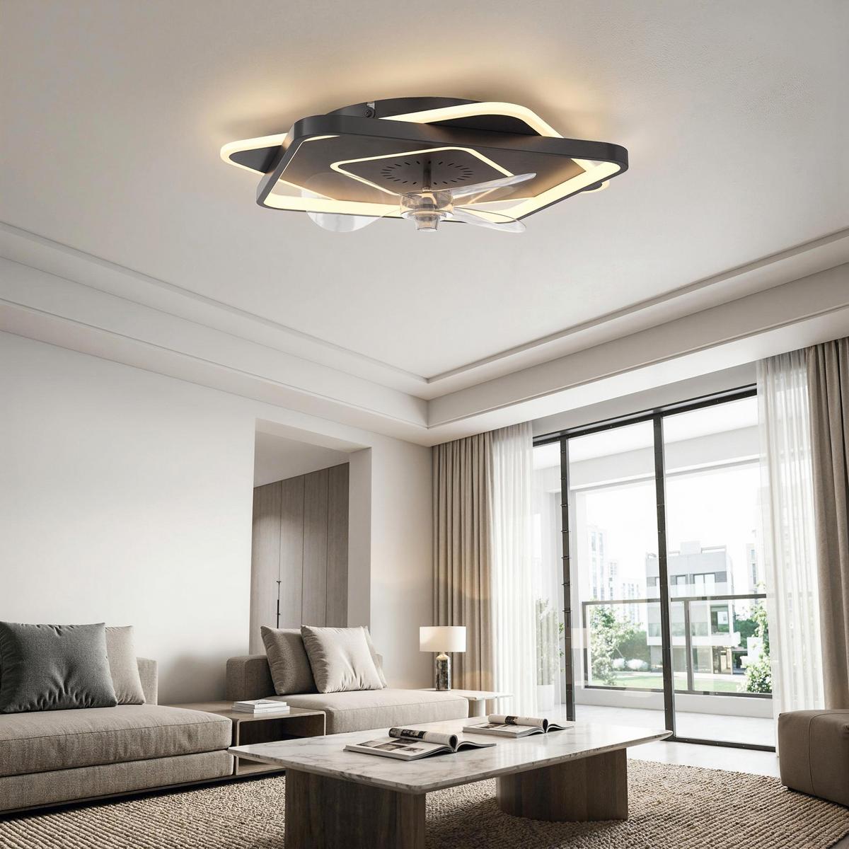 DECKENVENTILATOR-MIT-LICHT Stahl Acryl Schwarz - Schwarz, Metall (53/53/12.5cm) - HOMCOM