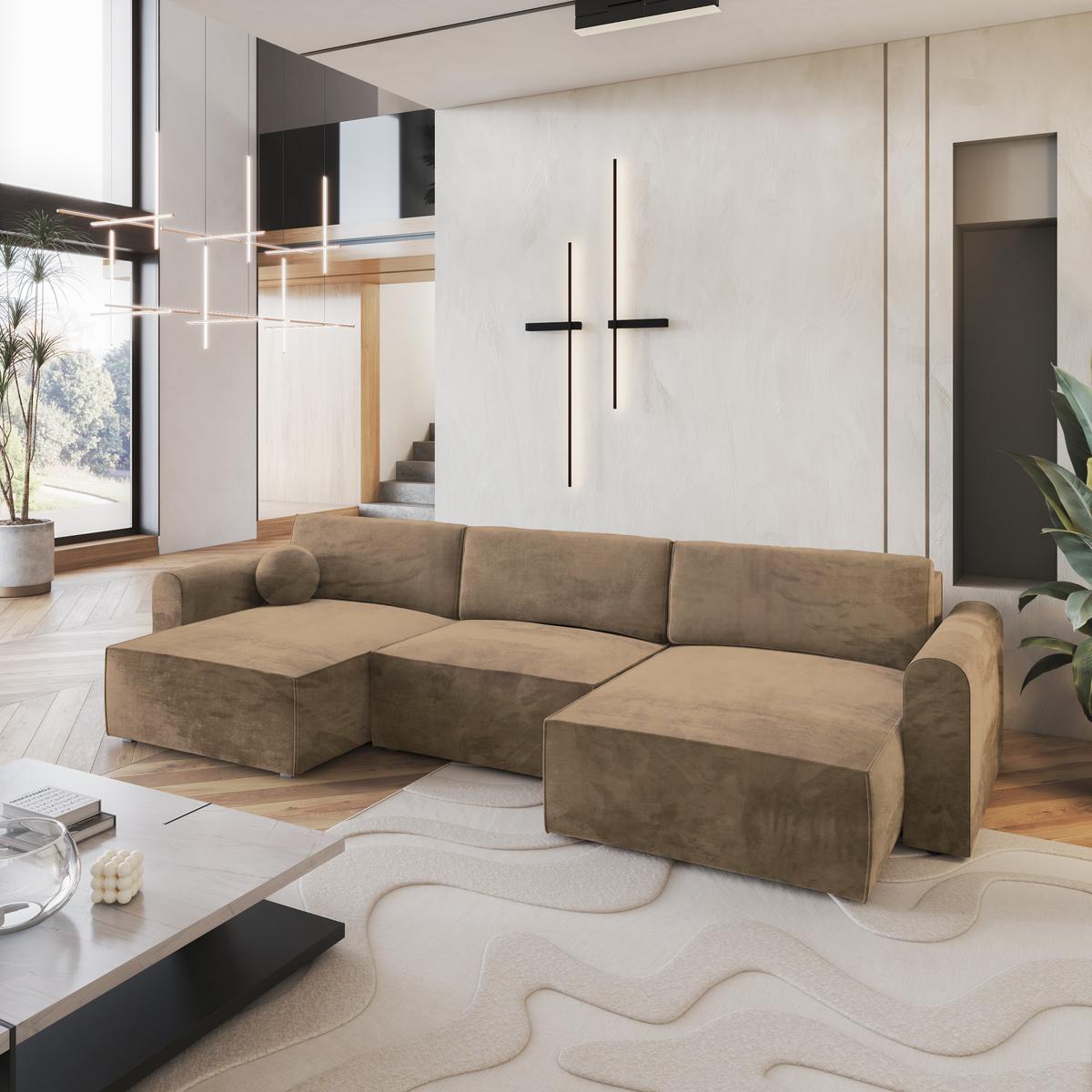 WOHNLANDSCHAFT FENTO M Beige Velours-Stoff mit Schlaffunktion - Beige/Grau, Holz/Kunststoff (347/90/148cm) - MASSENO