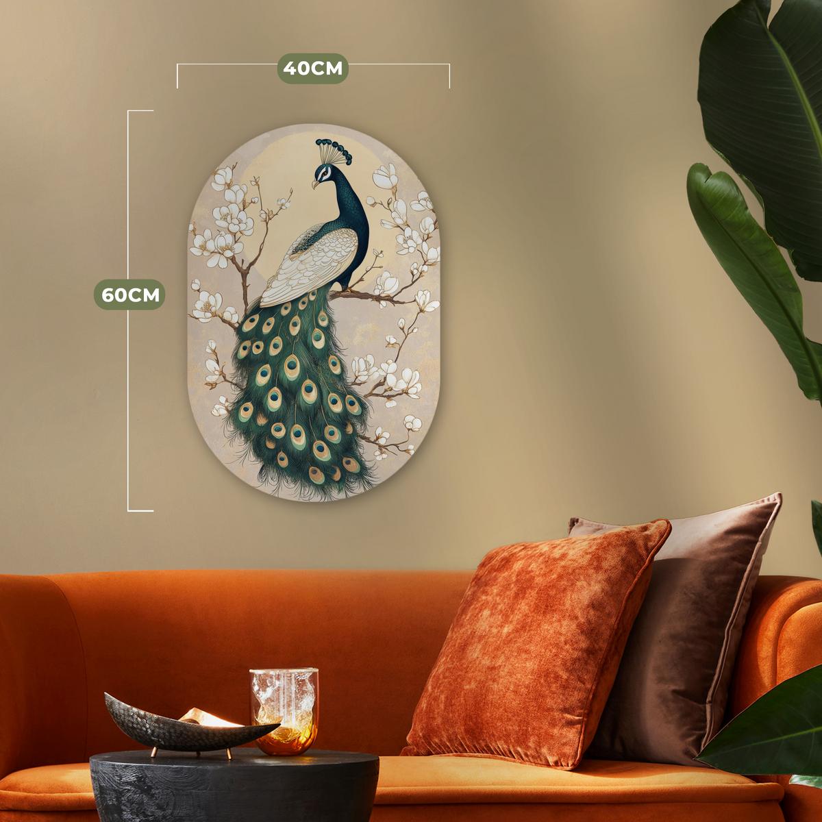 WANDBILD Pfau - Zweig - Blumen Deko Wohnzimmer 40x60 cm - Champagner, Kunststoff (40/60cm) - MuchoWow