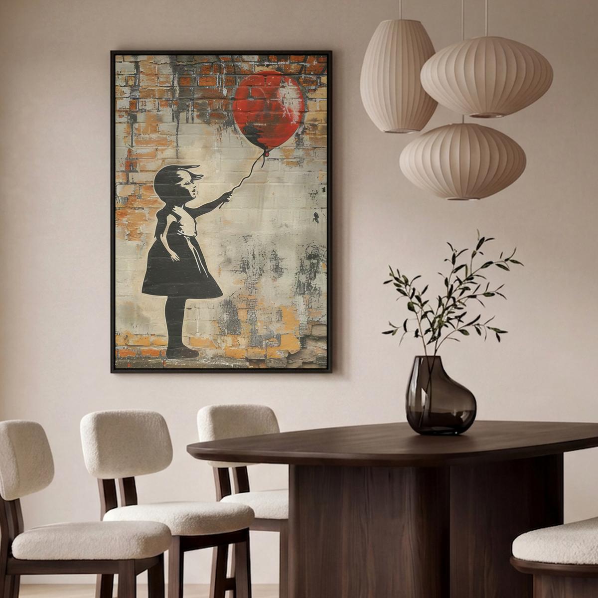 LEINWAND Bilder mit Rahmen - Graffiti - Banksy - Mädchen - Straßenkunst - 90x140 - Sandfarben, Textil (90/140cm) - MuchoWow