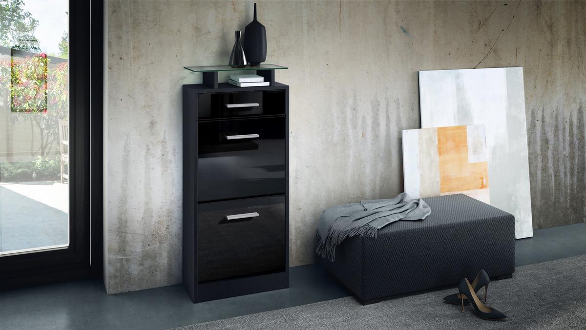 SCHUHSCHRANK Loret Front in Schwarz Hochglanz - Schwarz Hochglanz, Holzwerkstoff (46/104/23cm) - Vladon