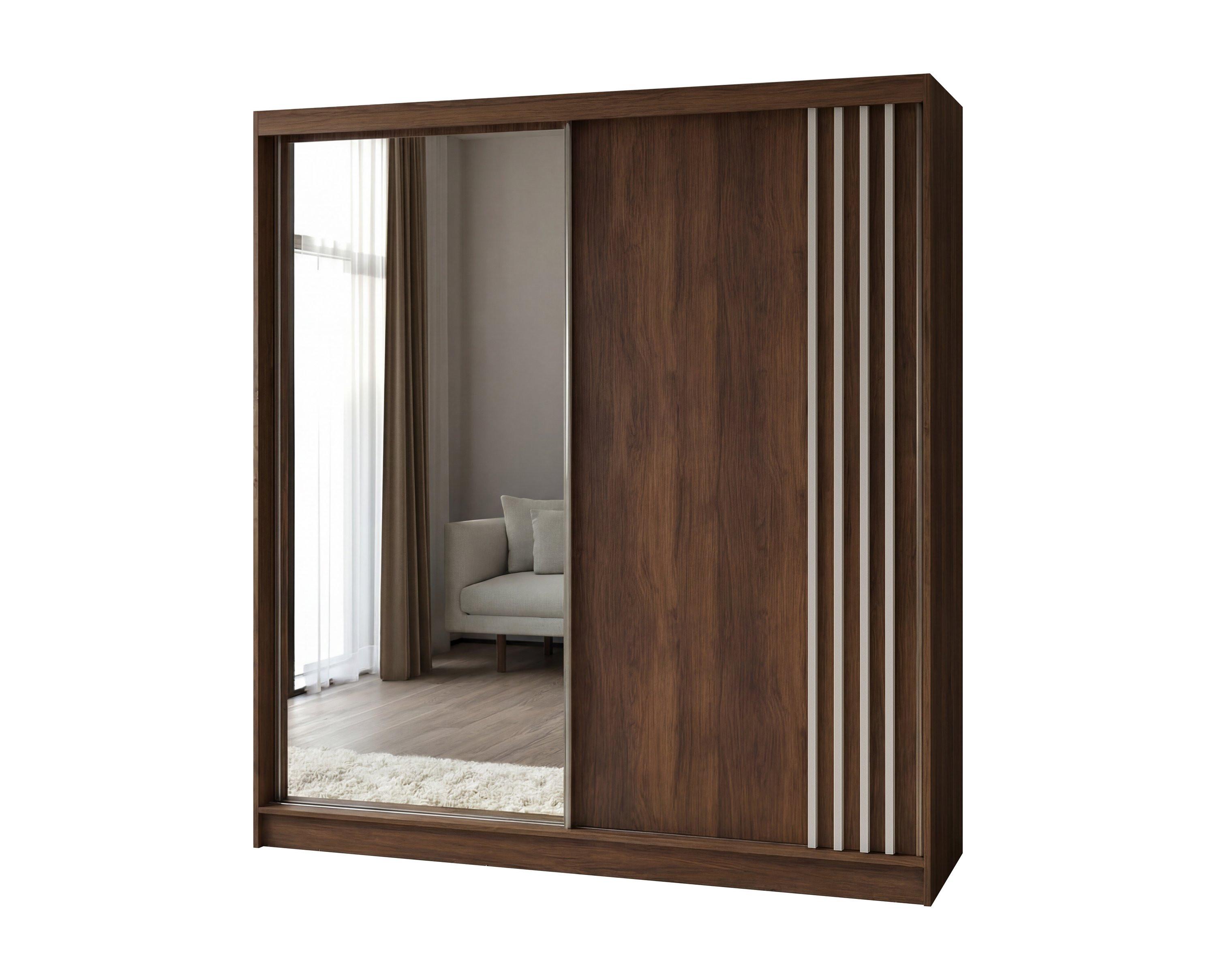 SCHWEBETÜRENSCHRANK NELVIA 200/216/61 cm Modern Kleiderschrank 2-türig mit Spiegel Nussbaumfarben - Nussbaumfarben, Holzwerkstoff (200/216/61cm) - MASSENO