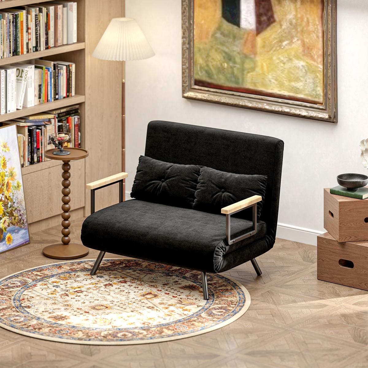 SCHLAFSOFA, Zweisitzer mit Bettfunktion, Schlafcouch mit Samtoptik, Rückenkissen - Schwarz/Naturfarben, Holz/Textil (73/81/102cm) - HOMCOM