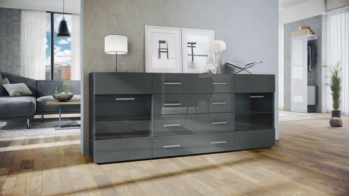 SIDEBOARD Carlos Grau Hochglanz - Grau, Holzwerkstoff (166/72/35cm) - Vladon