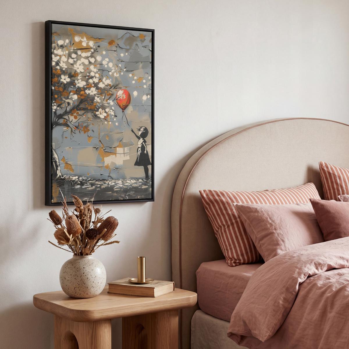 LEINWAND Bilder mit Rahmen - Baum - Graffiti - Banksy-Stil - Ballon-Mädchen - 40x60 - Blaugrau, Textil (40/60cm) - MuchoWow