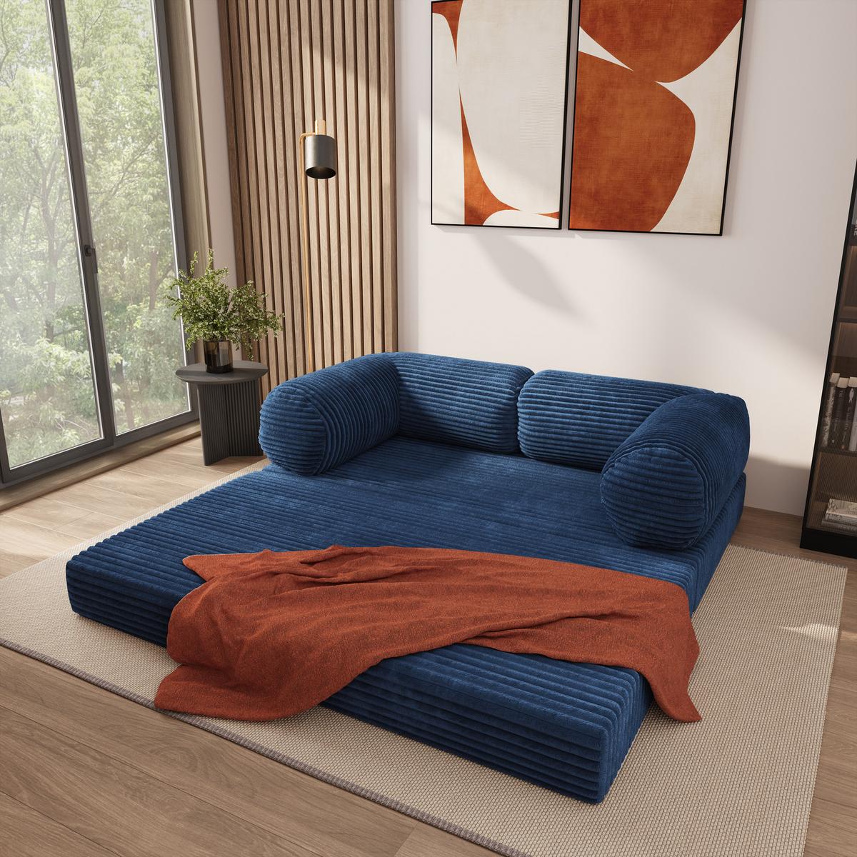 BETTSOFA ALVIO aus Schaumstoff Kordstoff Blau Schlaffunktion - Blau, Textil (170/68/80cm) - MASSENO