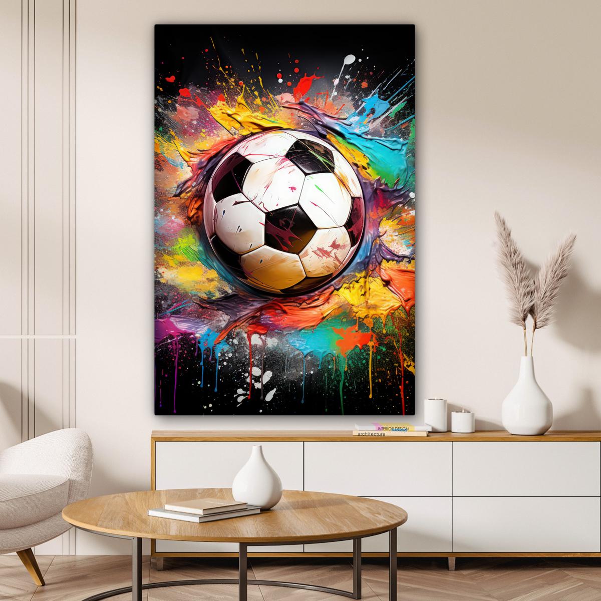 LEINWANDBILD Fußball - Farbe - Farben - Schwarz - Weiß Deko Groß 90x140 cm - Weiß, Textil (90/140cm) - MuchoWow