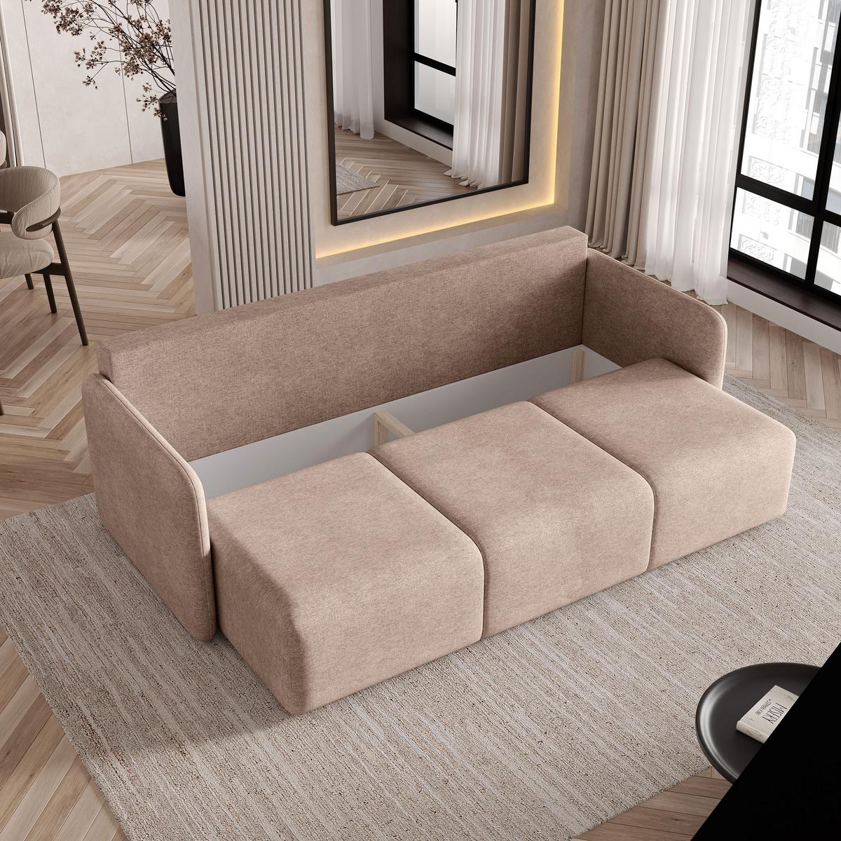 BETTSOFA SUVI III NV Beige Geflochtener Stoff mit Schlaffunktion - Beige, Textil (90/85/220cm) - MASSENO