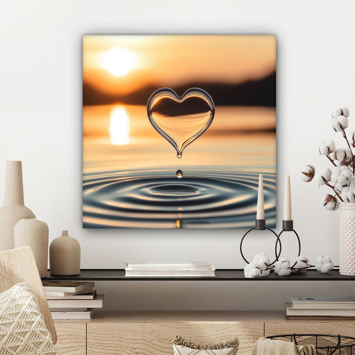 LEINWANDBILD Herz - Wasser - Sonnenuntergang - Natur - Zen Wandbild Wohnzimmer 50x50 cm - Bernsteinfarben, Textil (50/50cm) - MuchoWow