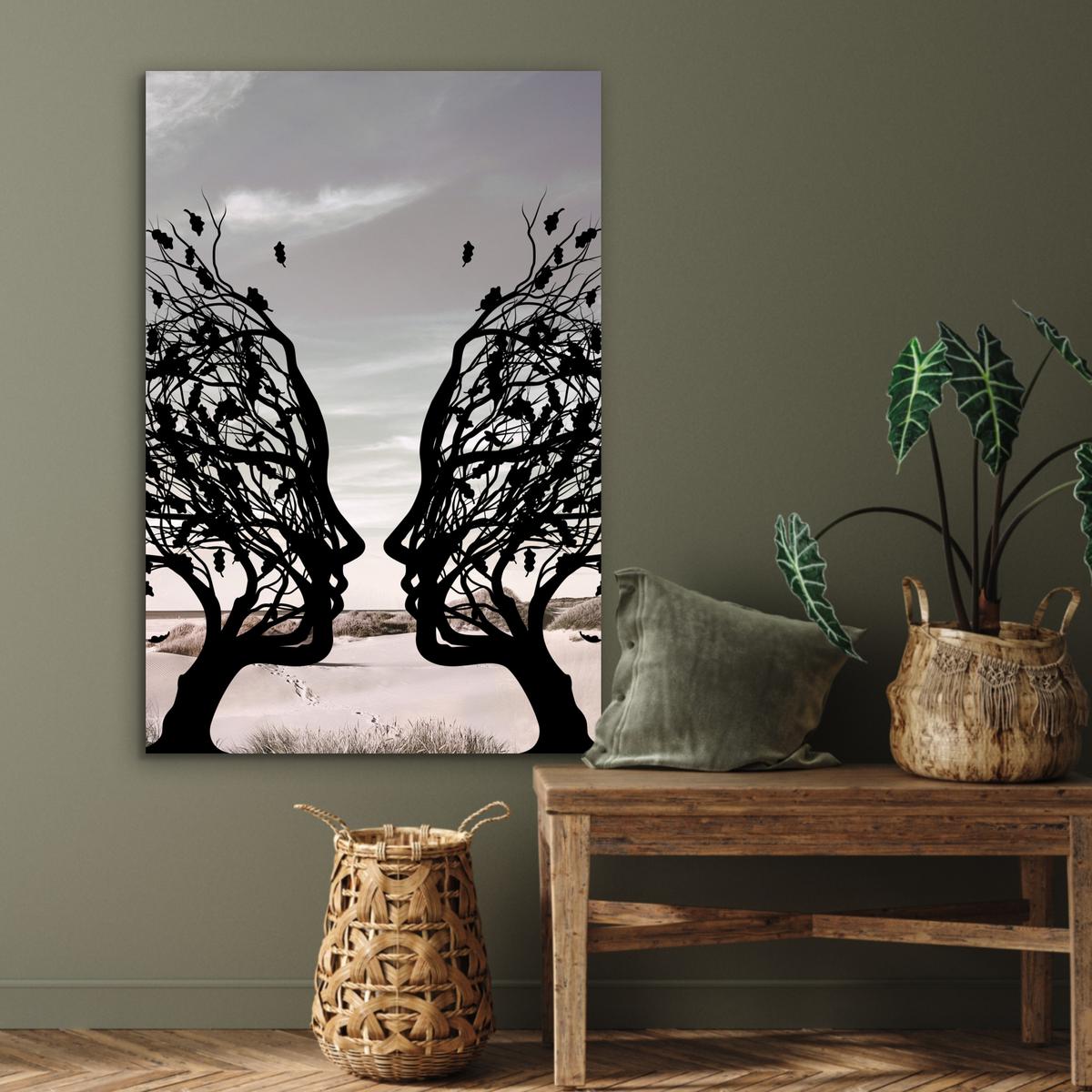 METALLBILD Strand - Meer - Menschen - Baum - Moderne Kunst 80x120 cm - Hellgrau, Metall (80/120cm) - MuchoWow