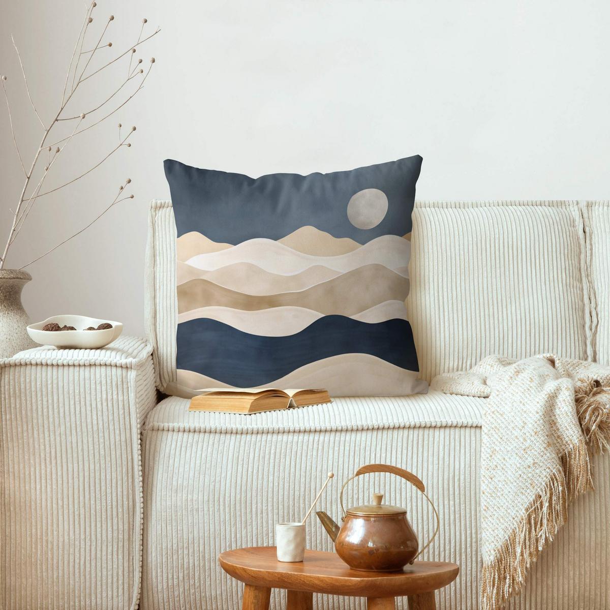 KISSENBEZUG Minimalistische Boho Landschaft Beige Blau 40/40 cm - Blau, Textil (40/40cm) - Bilderwelten