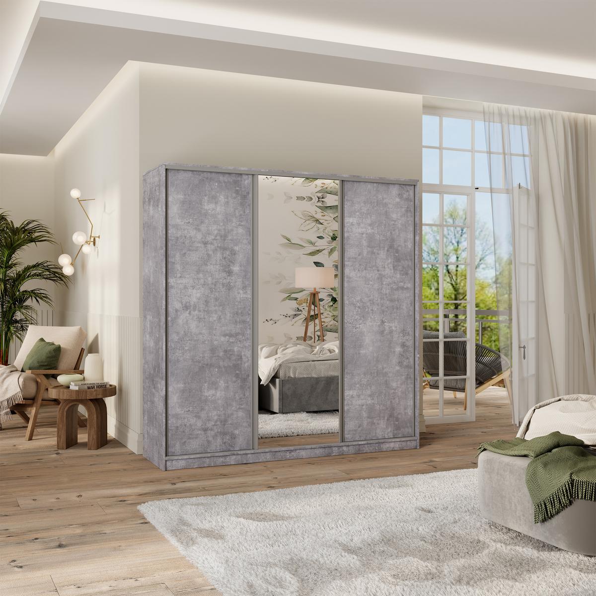 SCHWEBETÜRENSCHRANK TARI 200/205/58 cm 3-türig mit Spiegel und 4 Schubladen Titanfarben - Titanfarben, Holzwerkstoff (200/205/58cm) - MASSENO