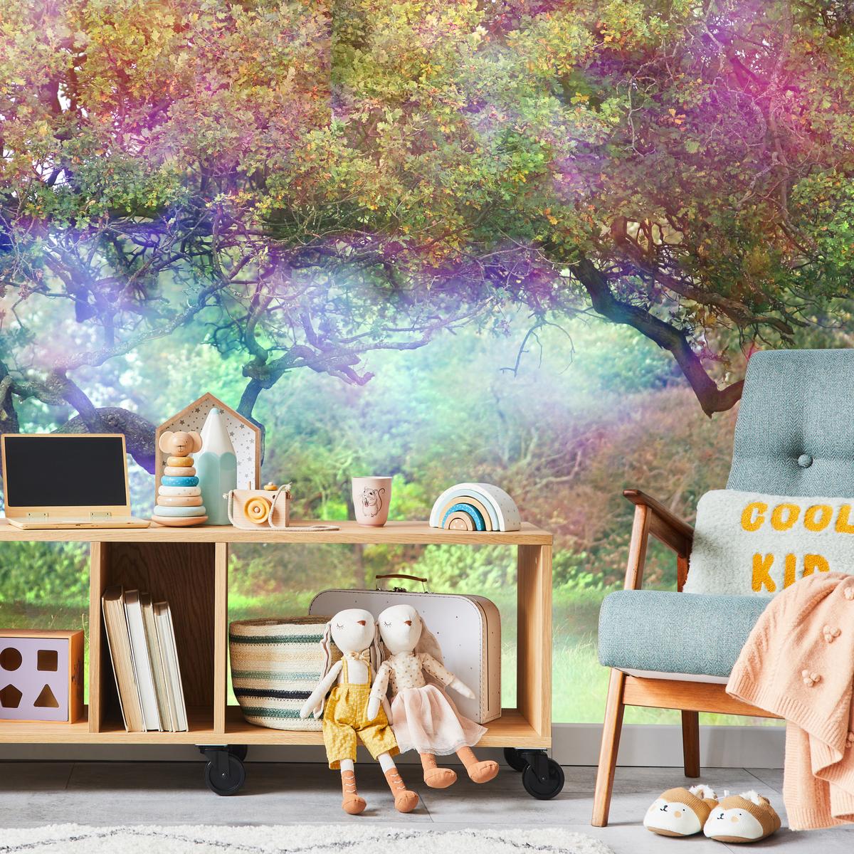 FOTOTAPETE für Kinderzimmer Magischer Bunter Wald Bäume Sträucher Blätter Pflanzen 100x70 - Gelb/Rot, Papier (100/70cm) - Muralo