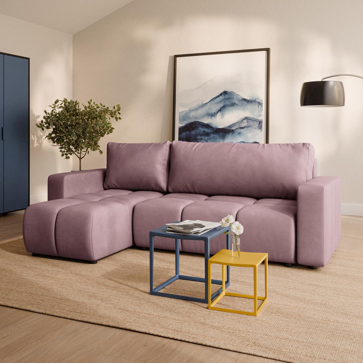 ECKSOFA RAMIL Rosa Plüsch-Stoff mit Schlaffunktion - Rosa, Holz (240/149cm) - MASSENO
