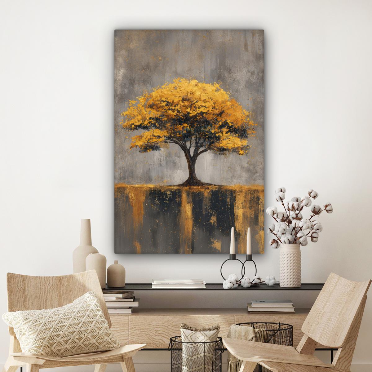 LEINWANDBILD Baum - Blätter - Gold - Abstrakt Deko XXL 80x120 cm - Grau, Textil (80/120cm) - MuchoWow
