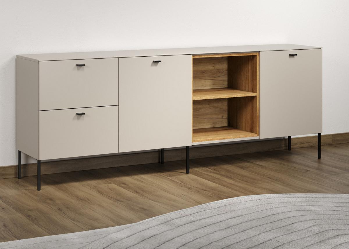 SIDEBOARD Kaschmir, Eiche 200 cm, Kommode mit Soft-Close - Kaschmir/Schwarz, Holzwerkstoff/Metall (200/75/40cm) - Top.Furn