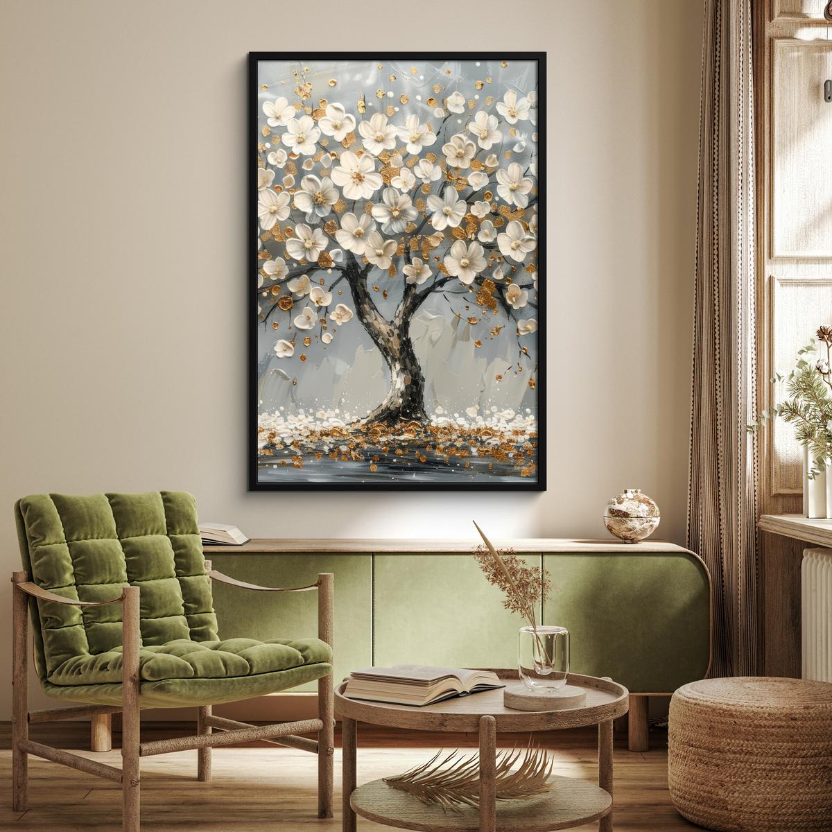 POSTER MIT RAHMEN Baum - Blumen - Weiß - Natur - Kunst Bilderleiste 80x120 cm - Weiß, Papier (80/120cm) - MuchoWow