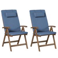 GARTENSTUHL 2er-Set und Sitzkissen Akazienholz Blau Amantea Premium - Dunkelbraun, Holz (54/105/69cm) - Beliani