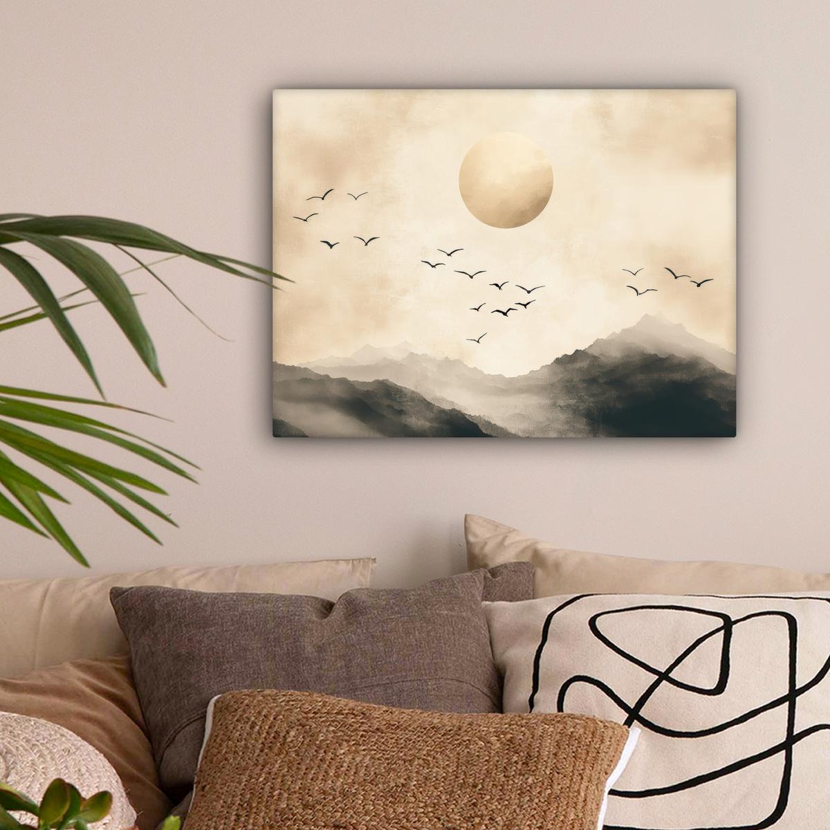 LEINWANDBILD Landschaft - Japandi - Vogel Wandbild 40x30 cm - Beige, Textil (40/30cm) - MuchoWow