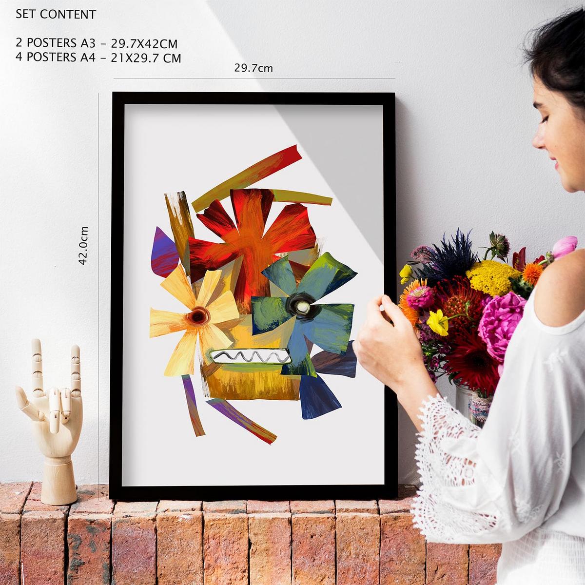 POSTER Set Mit 6 Handte Kunst In Blume Zusammenfassung Ästhetische Dekorative Gemälde Für Ihr Wohnzimmer Schlafzimmer Zuhause A3 & A4 Schwarzer Rahmen - Schwarz, Papier (29/3cm) - Nacnic