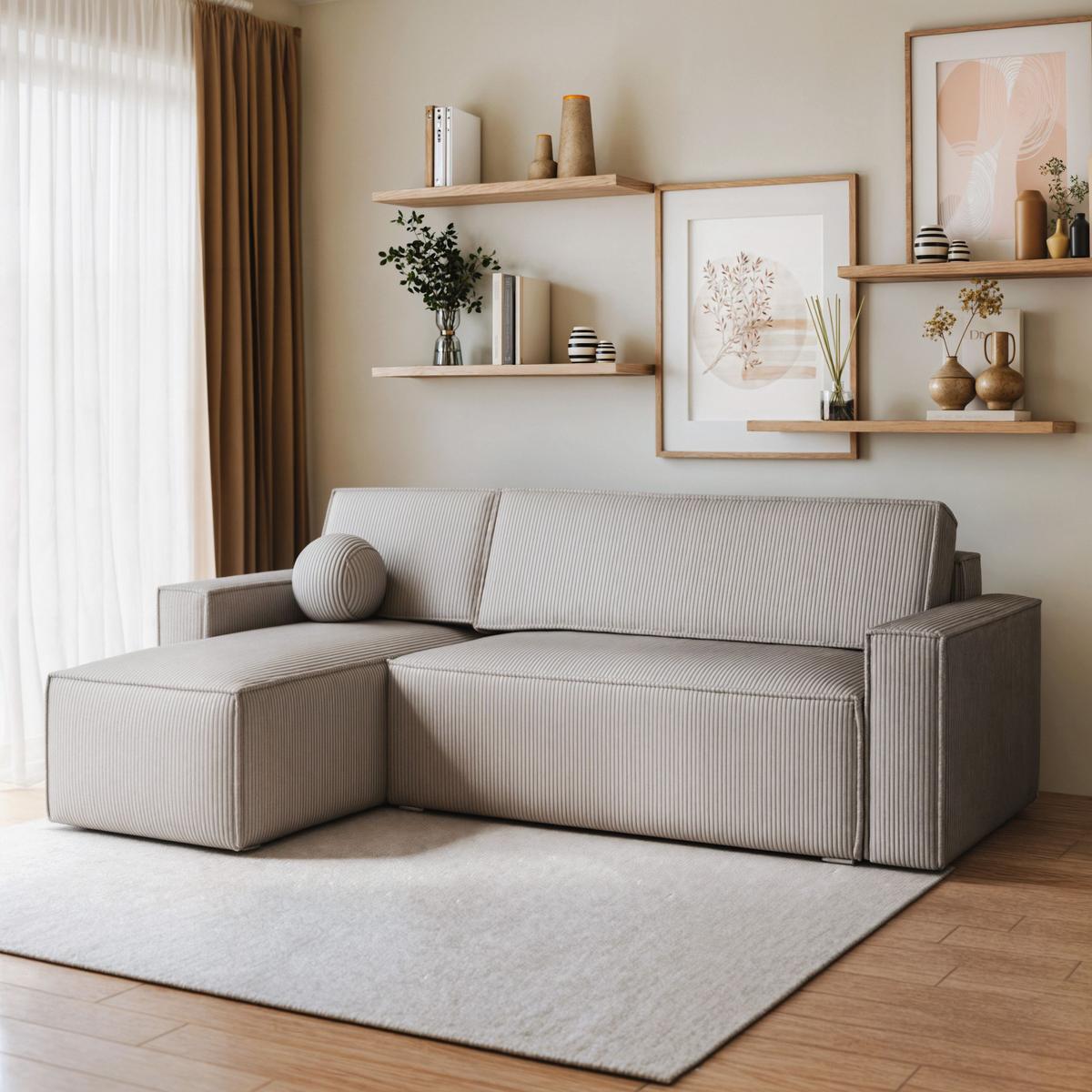 ECKSOFA RAVELO P Hellgrau Kordstoff mit Schlaffunktion - Hellgrau/Grau, Holz/Kunststoff (240/140cm) - MASSENO