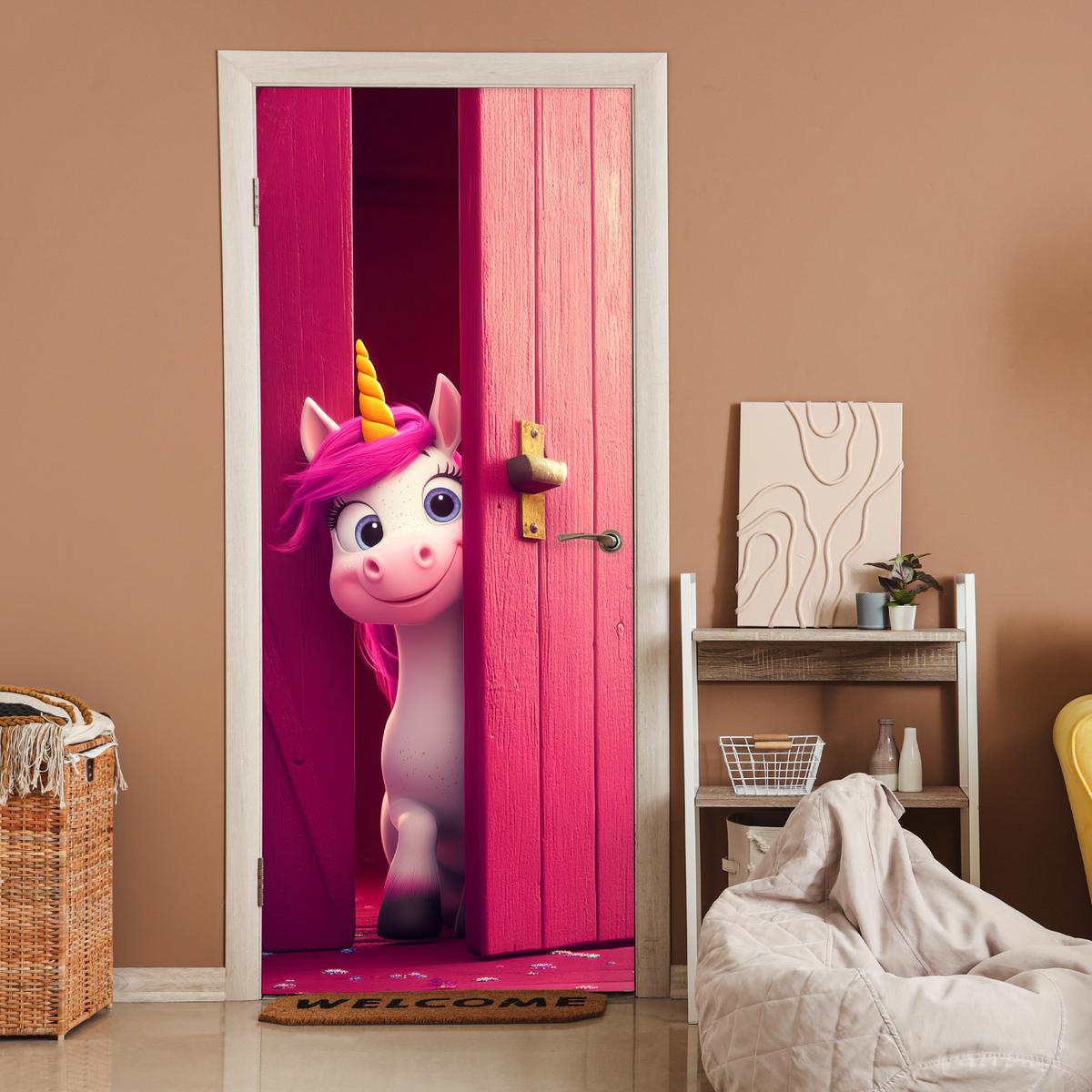 TÜRAUFKLEBER Einhorn - Rosa - Tür - Fantasie 90x215 cm - Türtapete - Pink, Kunststoff (90/0.1cm) - MuchoWow